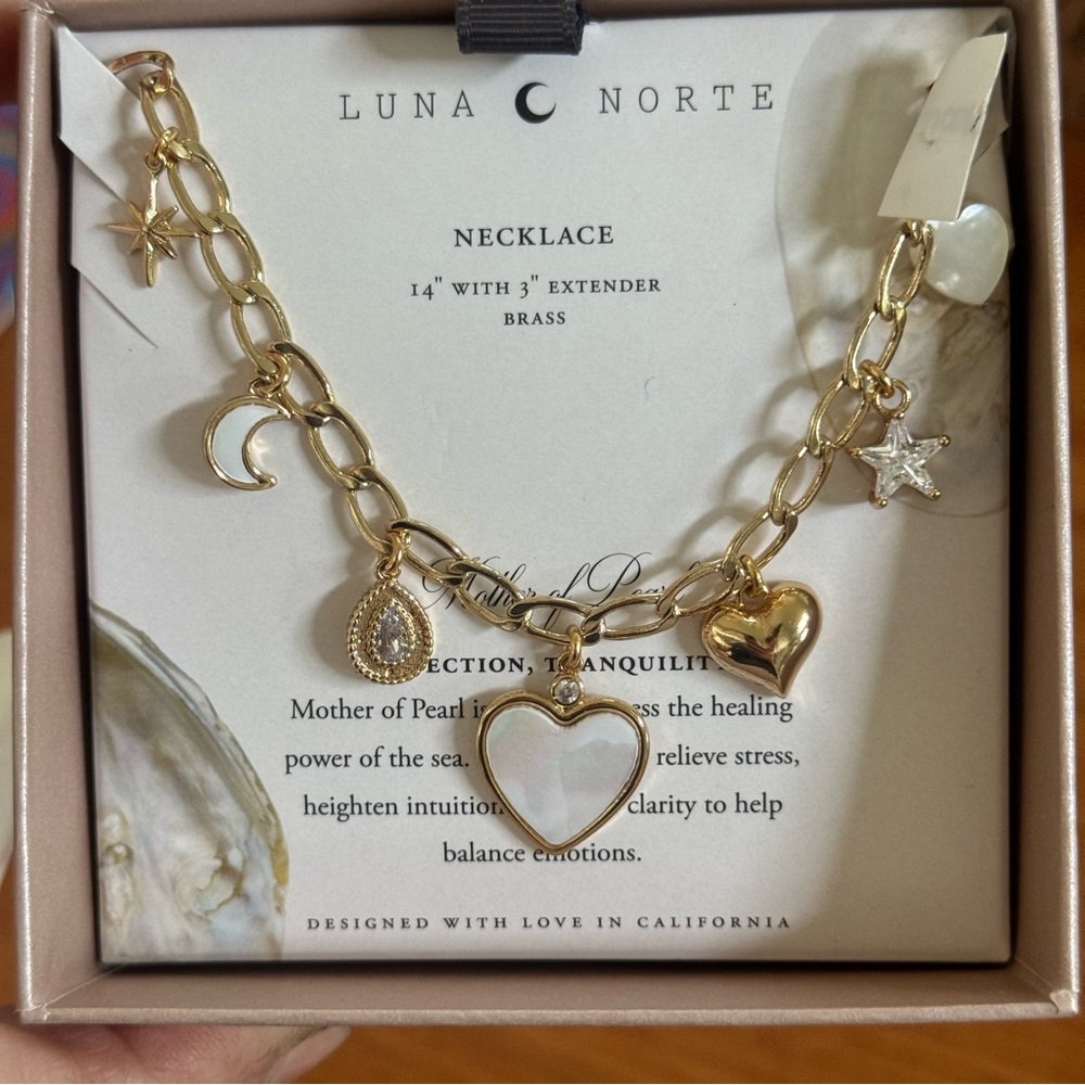NWT Luna North Gold Charm Necklace w/ Heart, Moon, stars Pendant/Charms 14”+